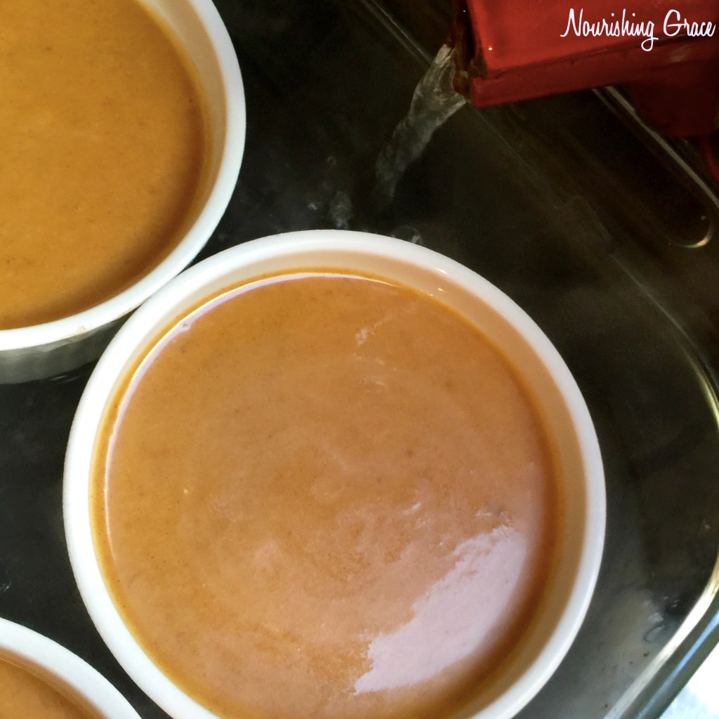 Paleo Dairy Free Pumpkin Custard pour in boiling water